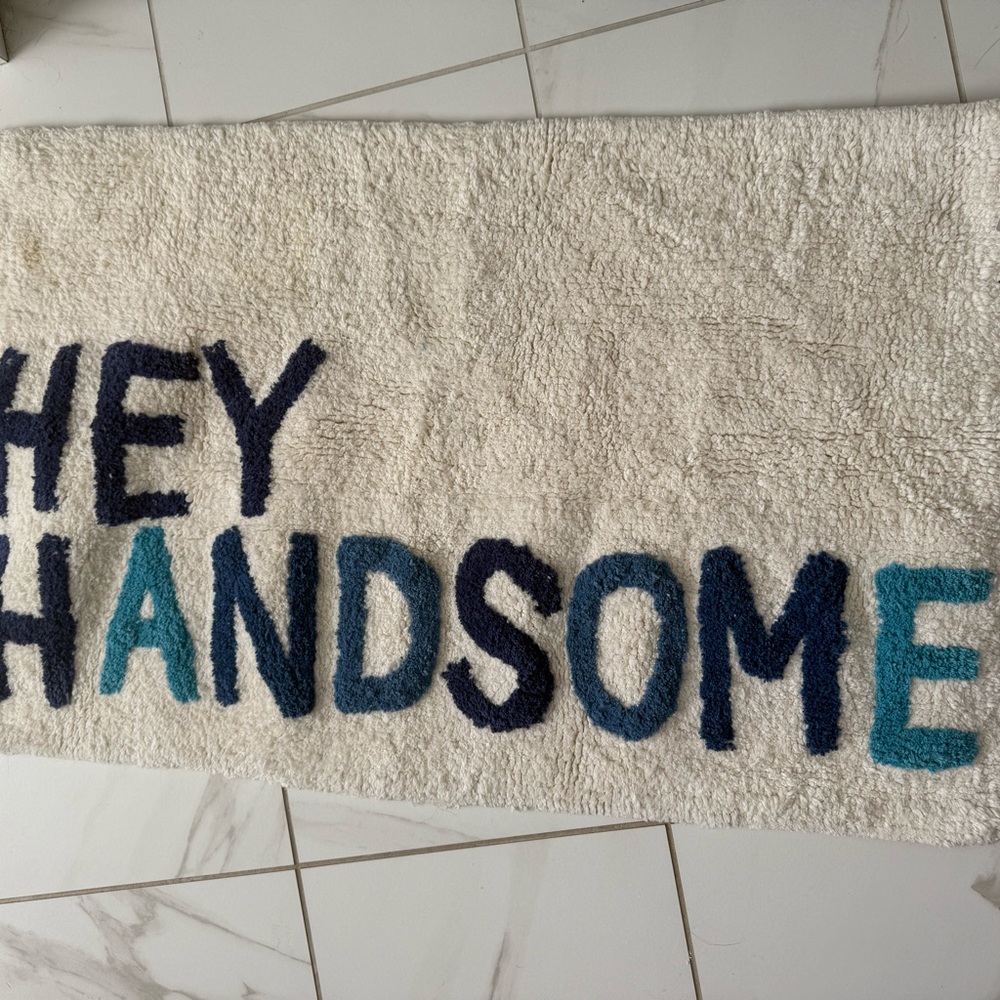 HEY HANDSOME Plush Text Rug in Cream with Teal & Navy Letters